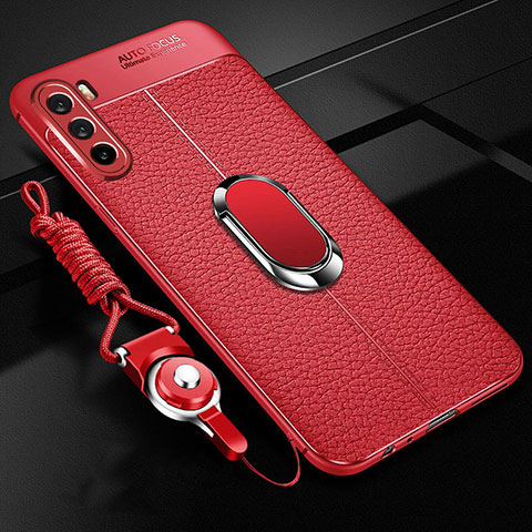 Coque Silicone Gel Motif Cuir Housse Etui avec Support Bague Anneau Aimante Magnetique S01 pour Huawei Mate 40 Lite 5G Rouge