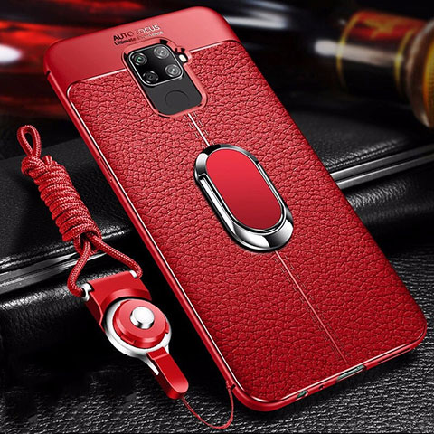 Coque Silicone Gel Motif Cuir Housse Etui avec Support Bague Anneau Aimante Magnetique S01 pour Huawei Nova 5i Pro Rouge