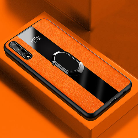 Coque Silicone Gel Motif Cuir Housse Etui avec Support Bague Anneau Aimante Magnetique S01 pour Huawei P smart S Orange