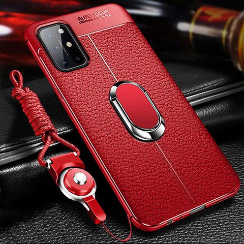 Coque Silicone Gel Motif Cuir Housse Etui avec Support Bague Anneau Aimante Magnetique S01 pour OnePlus 8T 5G Rouge