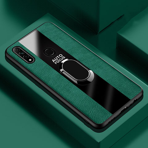 Coque Silicone Gel Motif Cuir Housse Etui avec Support Bague Anneau Aimante Magnetique S01 pour Oppo A31 Vert