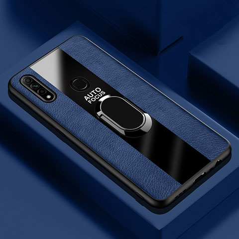 Coque Silicone Gel Motif Cuir Housse Etui avec Support Bague Anneau Aimante Magnetique S01 pour Oppo A8 Bleu