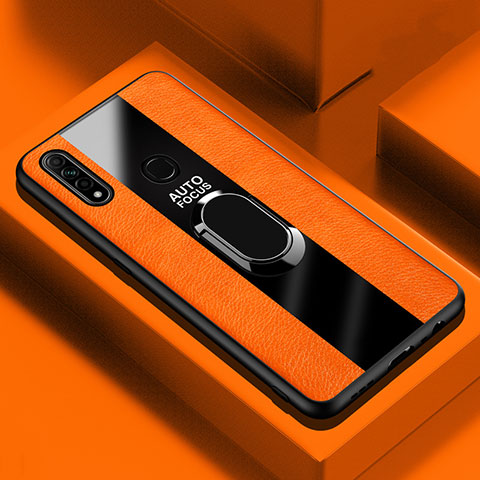 Coque Silicone Gel Motif Cuir Housse Etui avec Support Bague Anneau Aimante Magnetique S01 pour Oppo A8 Orange