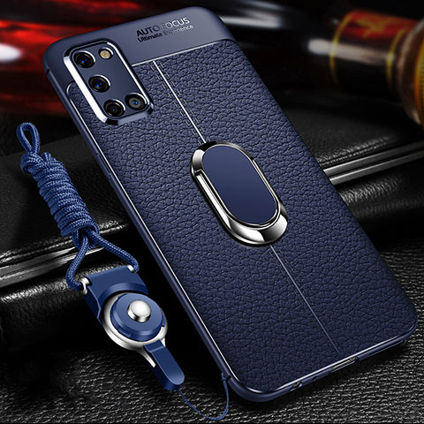 Coque Silicone Gel Motif Cuir Housse Etui avec Support Bague Anneau Aimante Magnetique S01 pour Oppo A92 Bleu