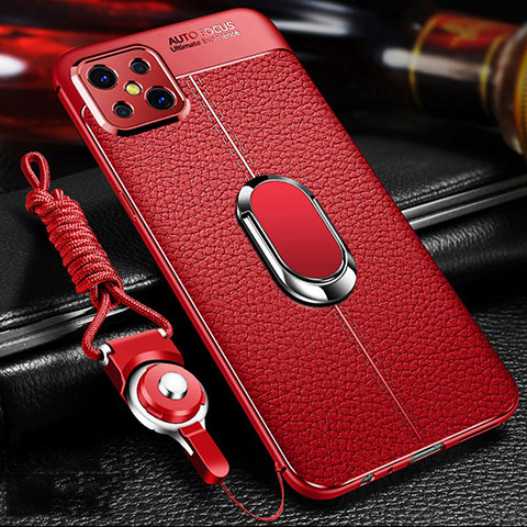 Coque Silicone Gel Motif Cuir Housse Etui avec Support Bague Anneau Aimante Magnetique S01 pour Oppo A92s 5G Rouge