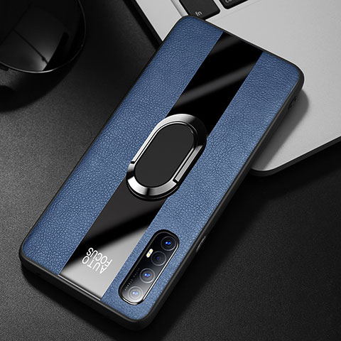 Coque Silicone Gel Motif Cuir Housse Etui avec Support Bague Anneau Aimante Magnetique S01 pour Oppo Find X2 Neo Bleu