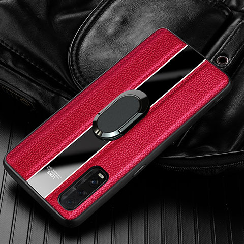 Coque Silicone Gel Motif Cuir Housse Etui avec Support Bague Anneau Aimante Magnetique S01 pour Oppo Find X2 Rouge