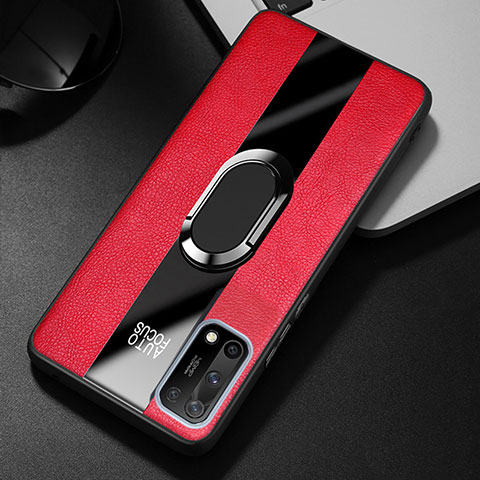 Coque Silicone Gel Motif Cuir Housse Etui avec Support Bague Anneau Aimante Magnetique S01 pour Oppo K7x 5G Rouge