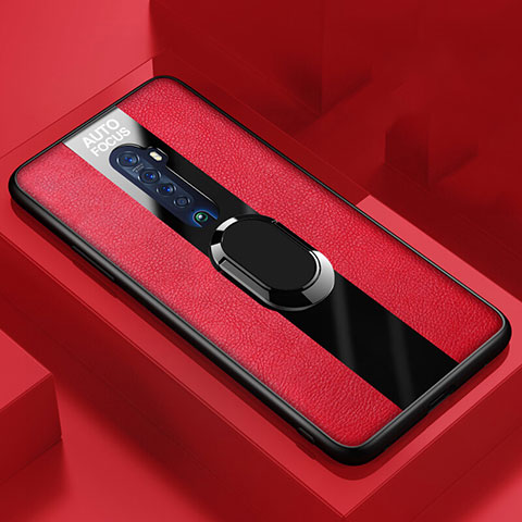 Coque Silicone Gel Motif Cuir Housse Etui avec Support Bague Anneau Aimante Magnetique S01 pour Oppo Reno2 Rouge