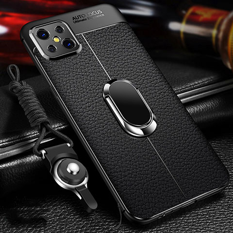 Coque Silicone Gel Motif Cuir Housse Etui avec Support Bague Anneau Aimante Magnetique S01 pour Oppo Reno4 Z 5G Noir