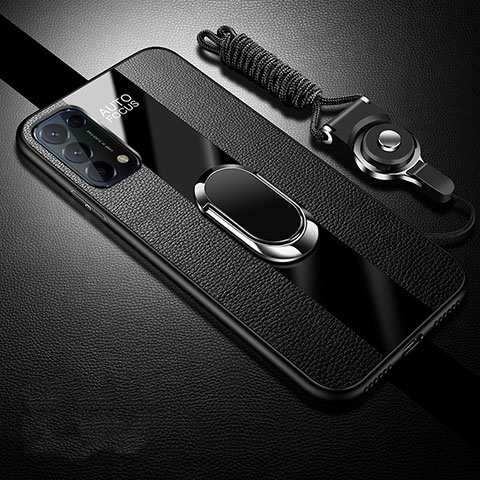 Coque Silicone Gel Motif Cuir Housse Etui avec Support Bague Anneau Aimante Magnetique S01 pour Oppo Reno5 5G Noir