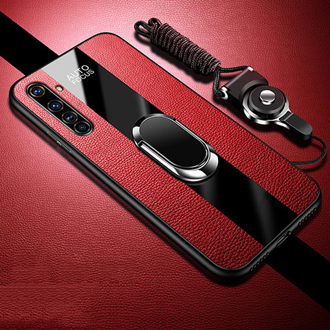 Coque Silicone Gel Motif Cuir Housse Etui avec Support Bague Anneau Aimante Magnetique S01 pour Realme X50 Pro 5G Rouge