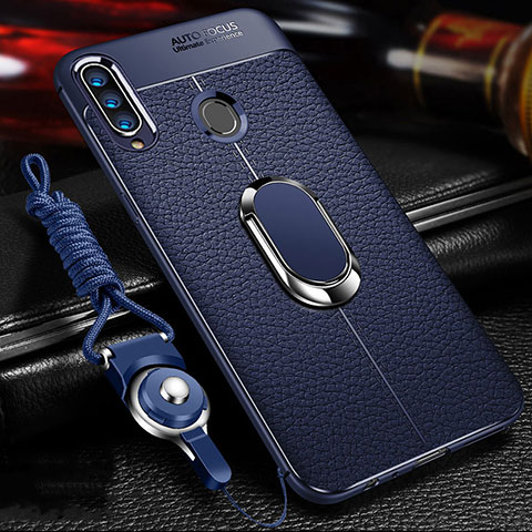 Coque Silicone Gel Motif Cuir Housse Etui avec Support Bague Anneau Aimante Magnetique S01 pour Samsung Galaxy A20s Bleu