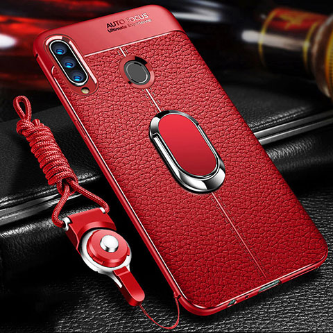 Coque Silicone Gel Motif Cuir Housse Etui avec Support Bague Anneau Aimante Magnetique S01 pour Samsung Galaxy A20s Rouge