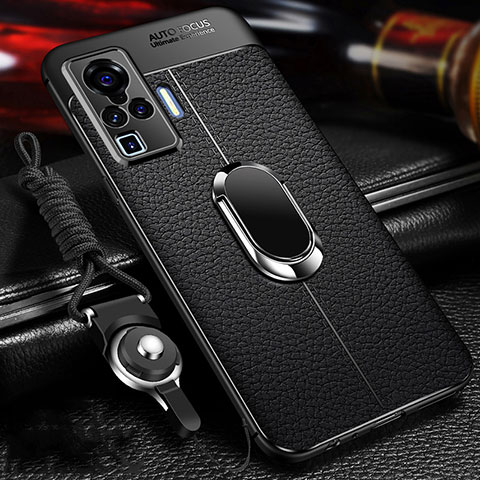 Coque Silicone Gel Motif Cuir Housse Etui avec Support Bague Anneau Aimante Magnetique S01 pour Vivo X50 Pro 5G Noir