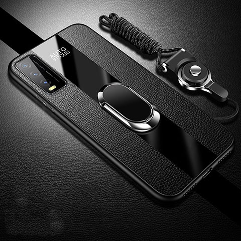 Coque Silicone Gel Motif Cuir Housse Etui avec Support Bague Anneau Aimante Magnetique S01 pour Vivo Y20 Noir