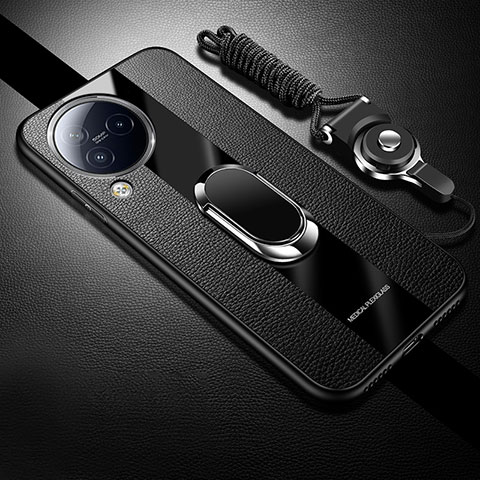 Coque Silicone Gel Motif Cuir Housse Etui avec Support Bague Anneau Aimante Magnetique S01 pour Xiaomi Civi 3 5G Noir