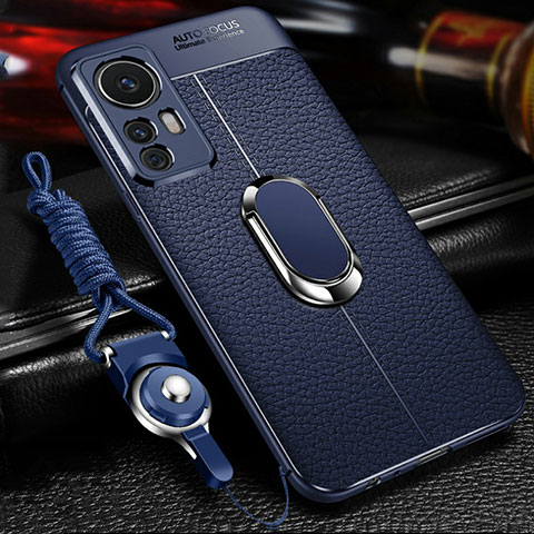 Coque Silicone Gel Motif Cuir Housse Etui avec Support Bague Anneau Aimante Magnetique S01 pour Xiaomi Mi 12T Pro 5G Bleu