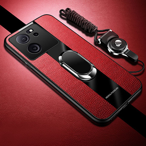 Coque Silicone Gel Motif Cuir Housse Etui avec Support Bague Anneau Aimante Magnetique S01 pour Xiaomi Mi 13T Pro 5G Rouge