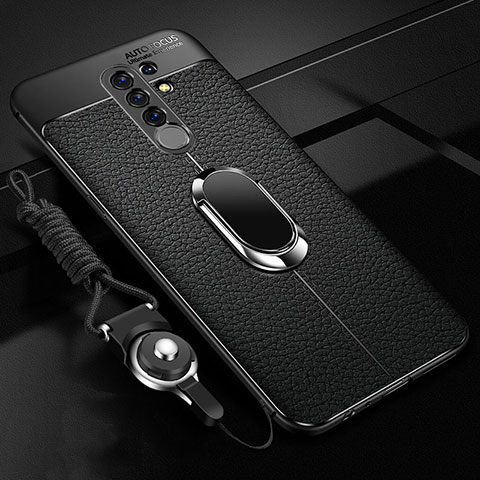 Coque Silicone Gel Motif Cuir Housse Etui avec Support Bague Anneau Aimante Magnetique S01 pour Xiaomi Poco M2 Noir