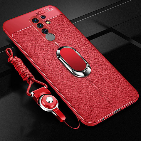 Coque Silicone Gel Motif Cuir Housse Etui avec Support Bague Anneau Aimante Magnetique S01 pour Xiaomi Poco M2 Rouge