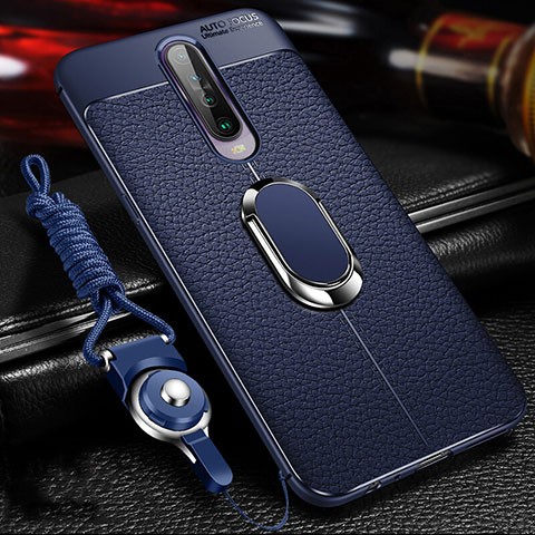 Coque Silicone Gel Motif Cuir Housse Etui avec Support Bague Anneau Aimante Magnetique S01 pour Xiaomi Poco X2 Bleu