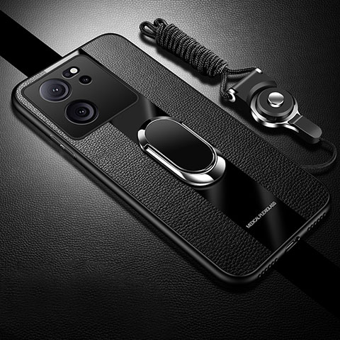 Coque Silicone Gel Motif Cuir Housse Etui avec Support Bague Anneau Aimante Magnetique S01 pour Xiaomi Redmi K60 Ultra 5G Noir