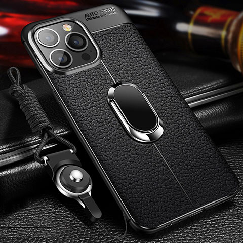 Coque Silicone Gel Motif Cuir Housse Etui avec Support Bague Anneau Aimante Magnetique S02 pour Apple iPhone 13 Pro Noir