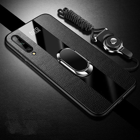 Coque Silicone Gel Motif Cuir Housse Etui avec Support Bague Anneau Aimante Magnetique S02 pour Huawei P smart S Noir