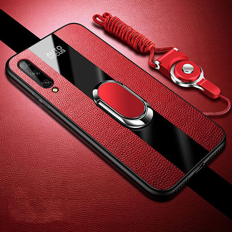 Coque Silicone Gel Motif Cuir Housse Etui avec Support Bague Anneau Aimante Magnetique S02 pour Huawei P smart S Rouge