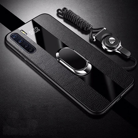 Coque Silicone Gel Motif Cuir Housse Etui avec Support Bague Anneau Aimante Magnetique S02 pour Oppo A91 Noir