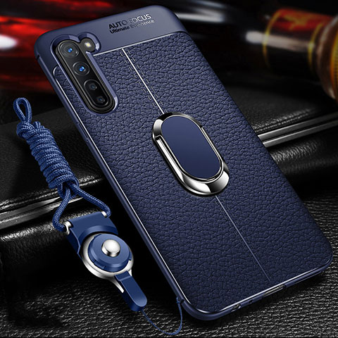 Coque Silicone Gel Motif Cuir Housse Etui avec Support Bague Anneau Aimante Magnetique S02 pour Oppo F15 Bleu