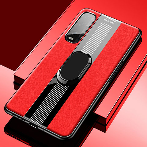 Coque Silicone Gel Motif Cuir Housse Etui avec Support Bague Anneau Aimante Magnetique S02 pour Oppo Find X2 Rouge