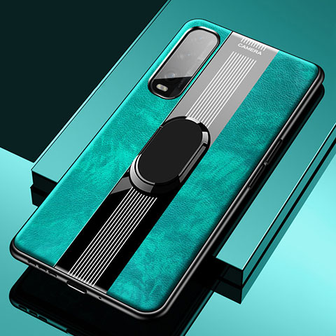 Coque Silicone Gel Motif Cuir Housse Etui avec Support Bague Anneau Aimante Magnetique S02 pour Oppo Find X2 Vert