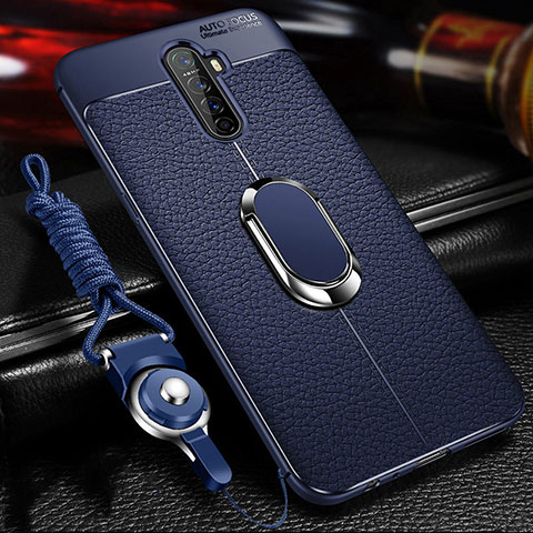 Coque Silicone Gel Motif Cuir Housse Etui avec Support Bague Anneau Aimante Magnetique S02 pour Oppo Reno Ace Bleu