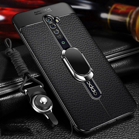 Coque Silicone Gel Motif Cuir Housse Etui avec Support Bague Anneau Aimante Magnetique S02 pour Oppo Reno2 Noir