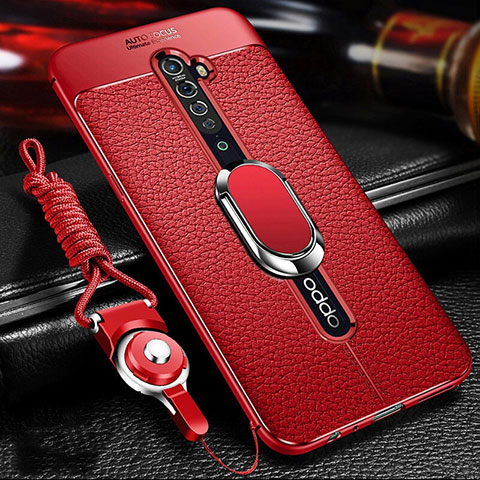 Coque Silicone Gel Motif Cuir Housse Etui avec Support Bague Anneau Aimante Magnetique S02 pour Oppo Reno2 Rouge