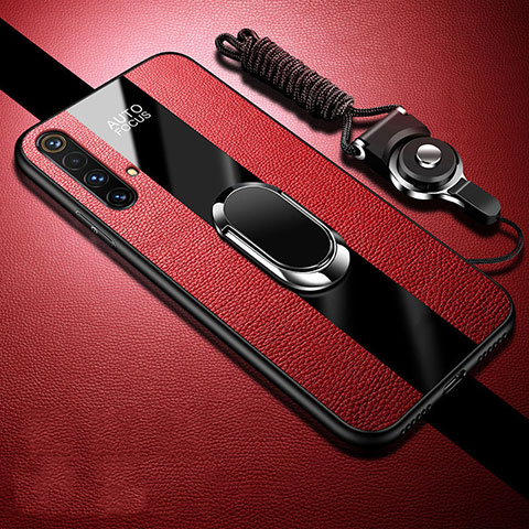 Coque Silicone Gel Motif Cuir Housse Etui avec Support Bague Anneau Aimante Magnetique S02 pour Realme X50 5G Rouge