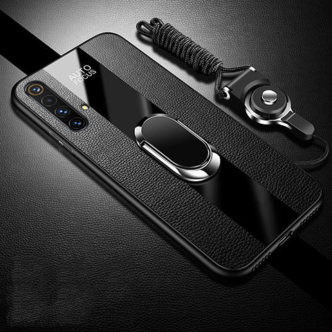 Coque Silicone Gel Motif Cuir Housse Etui avec Support Bague Anneau Aimante Magnetique S02 pour Realme X50t 5G Noir