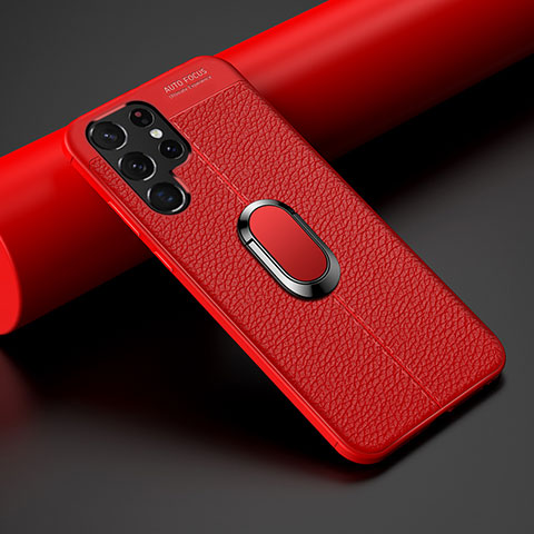 Coque Silicone Gel Motif Cuir Housse Etui avec Support Bague Anneau Aimante Magnetique S02 pour Samsung Galaxy S23 Ultra 5G Rouge