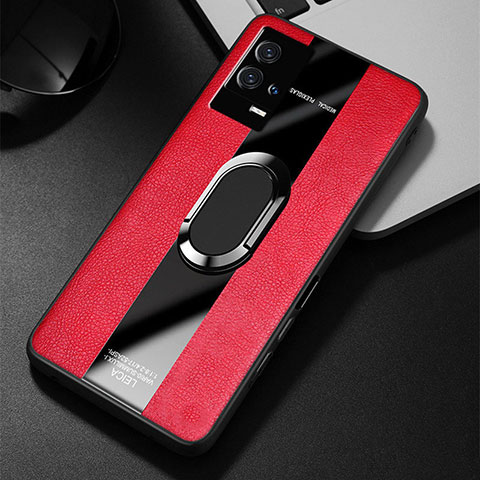 Coque Silicone Gel Motif Cuir Housse Etui avec Support Bague Anneau Aimante Magnetique S02 pour Vivo iQOO 8 Pro 5G Rouge