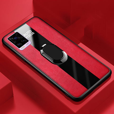 Coque Silicone Gel Motif Cuir Housse Etui avec Support Bague Anneau Aimante Magnetique S02 pour Vivo V20 Pro 5G Rouge