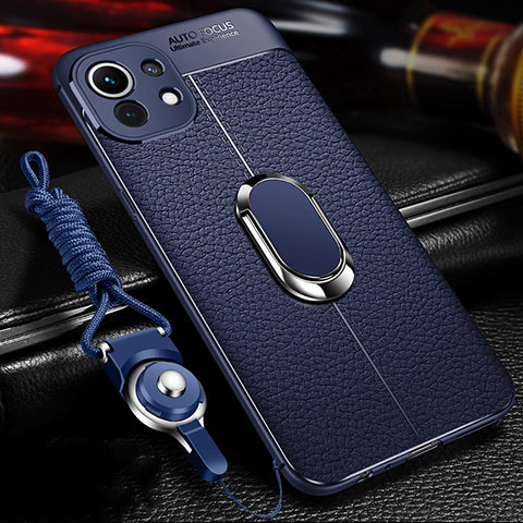 Coque Silicone Gel Motif Cuir Housse Etui avec Support Bague Anneau Aimante Magnetique S02 pour Xiaomi Mi 11 5G Bleu