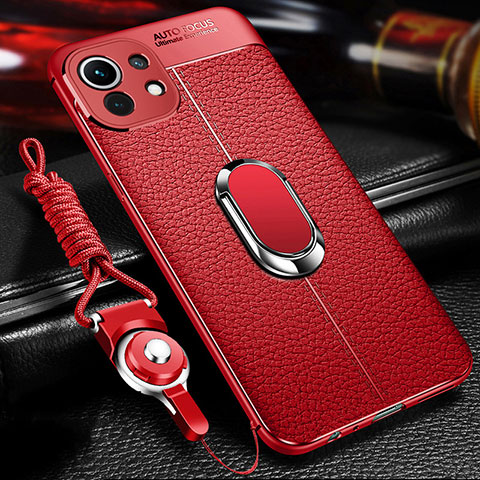 Coque Silicone Gel Motif Cuir Housse Etui avec Support Bague Anneau Aimante Magnetique S02 pour Xiaomi Mi 11 Lite 4G Rouge