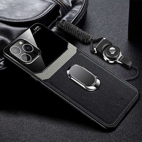 Coque Silicone Gel Motif Cuir Housse Etui avec Support Bague Anneau Aimante Magnetique S03 pour Apple iPhone 13 Pro Noir