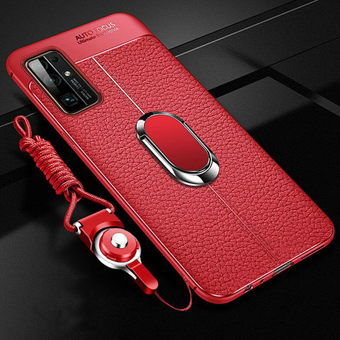 Coque Silicone Gel Motif Cuir Housse Etui avec Support Bague Anneau Aimante Magnetique S03 pour Huawei Honor 30 Rouge