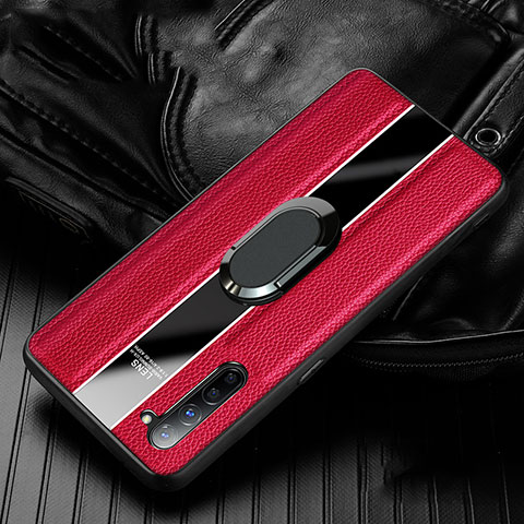 Coque Silicone Gel Motif Cuir Housse Etui avec Support Bague Anneau Aimante Magnetique S03 pour Oppo F15 Rouge