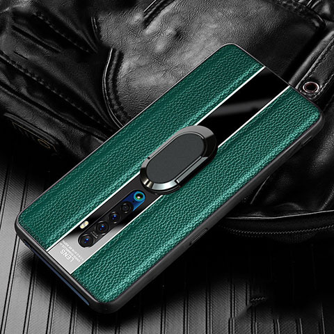 Coque Silicone Gel Motif Cuir Housse Etui avec Support Bague Anneau Aimante Magnetique S03 pour Oppo Reno2 Vert