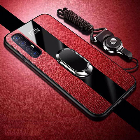 Coque Silicone Gel Motif Cuir Housse Etui avec Support Bague Anneau Aimante Magnetique S03 pour Oppo Reno3 Pro Rouge