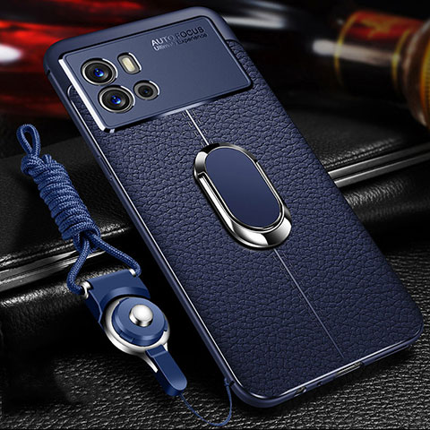 Coque Silicone Gel Motif Cuir Housse Etui avec Support Bague Anneau Aimante Magnetique S03 pour Vivo iQOO 9 Pro 5G Bleu